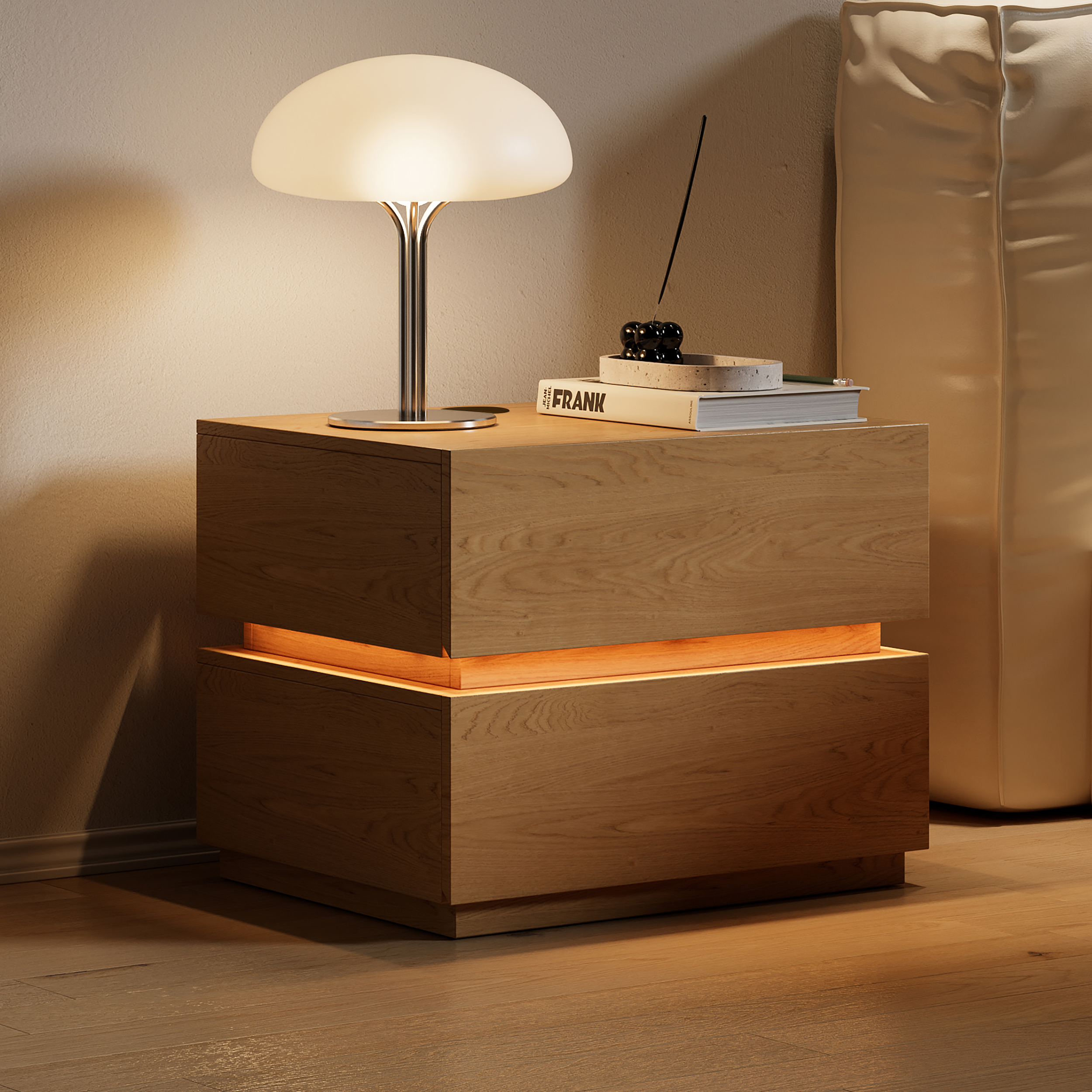 Smart LED Natural Bedside Table Wireless Charging Station Wood Bedside Table with Light Modern
