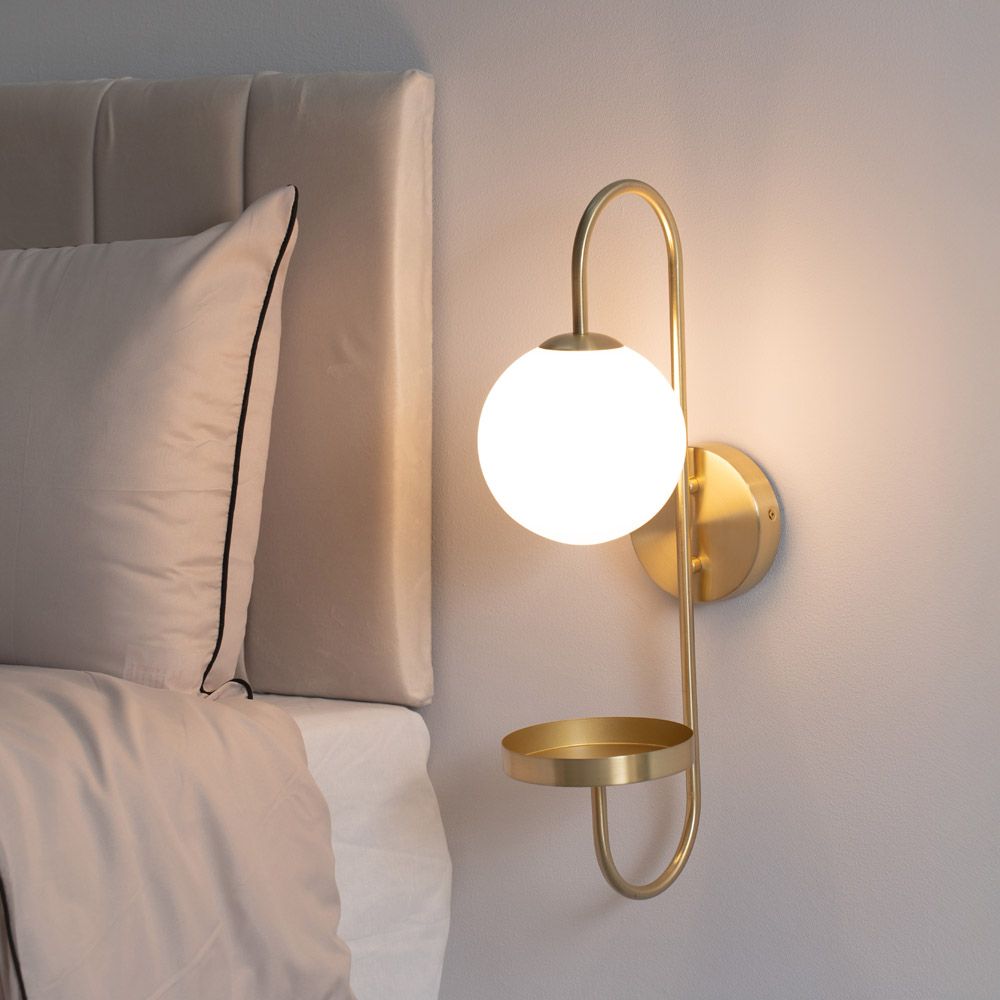 ValueLights Milo Frosted Glass Globe Shade Curved Wall Light with Shelf in Gold