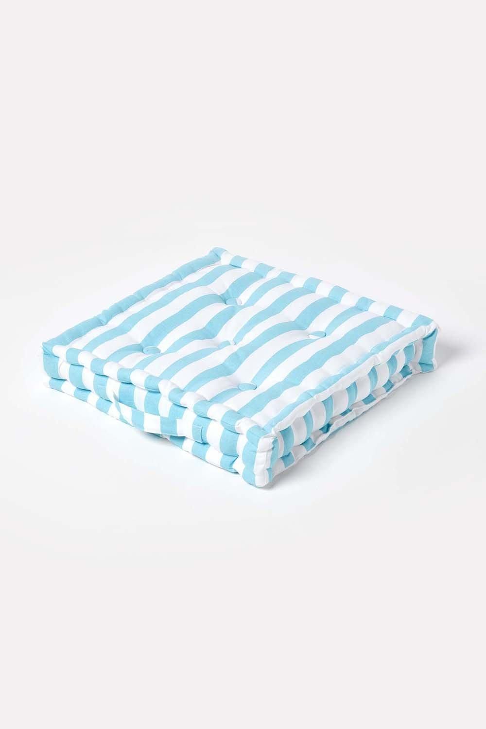 Homescapes Cotton Thick Stripe Floor Cushion in Blue