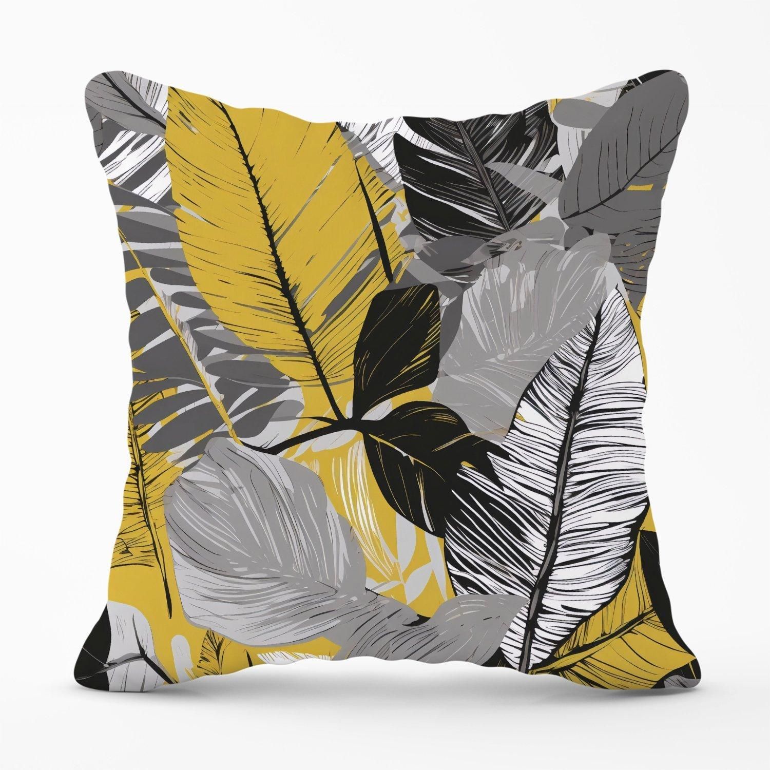 Warren Reed - Designer Grey Yellow Floral Leaves Outdoor Cushion