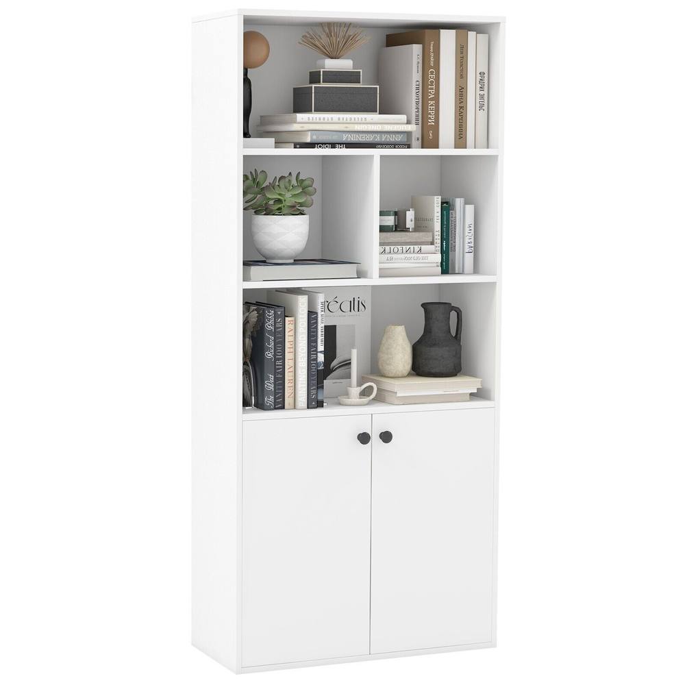 Costway 5-Tier Bookcase w/ 2 Doors 155 CM Tall Bookshelf Display Cabinet in White