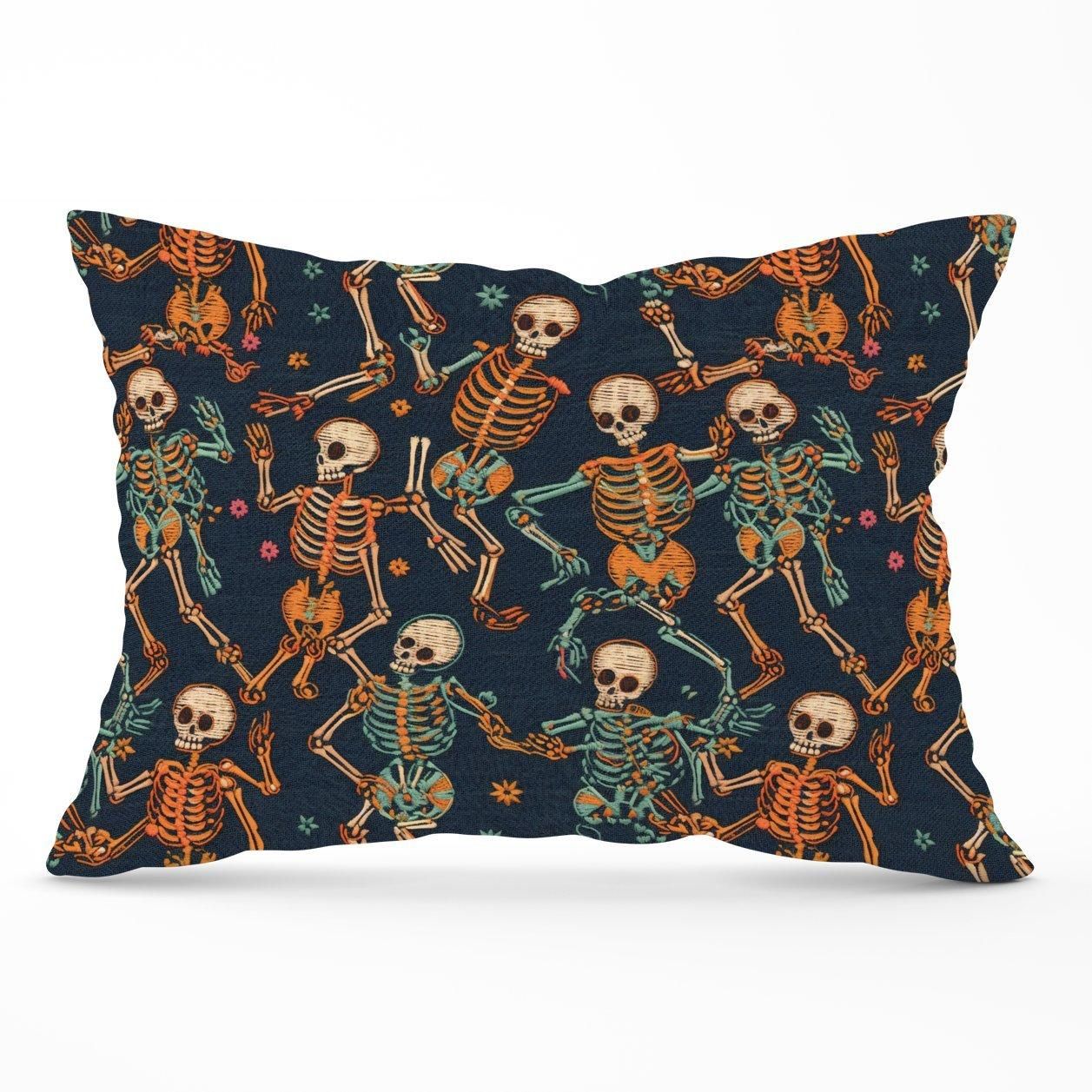 Warren Reed - Designer Dancing Skeletons Cushions in Orange