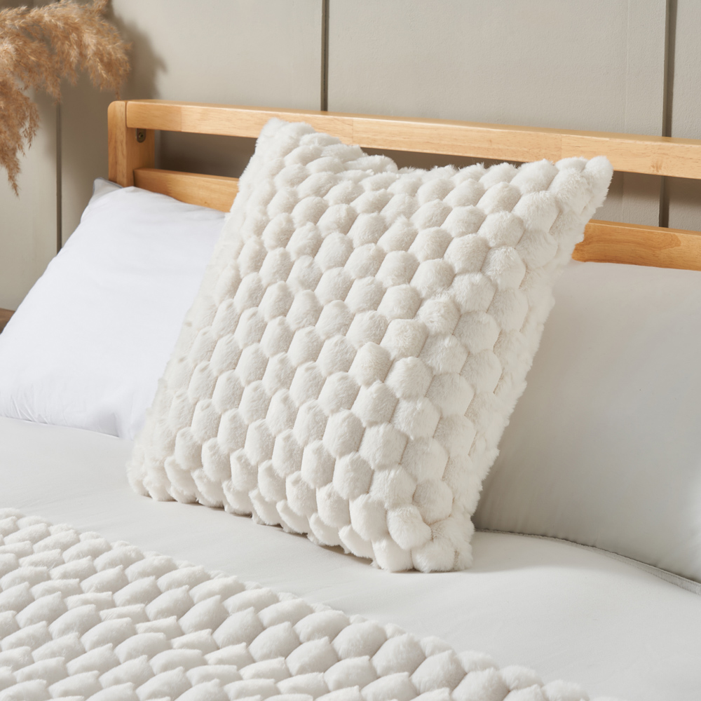 Honeycomb Faux Fur Cushion, Cream