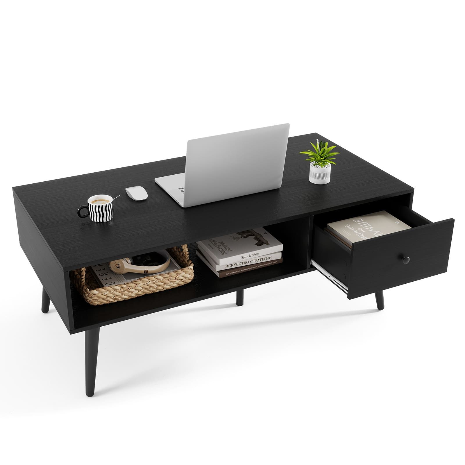 Costway 109 CM Rectangular Wooden TV Stand Entertainment Center w/Open Shelf in Black