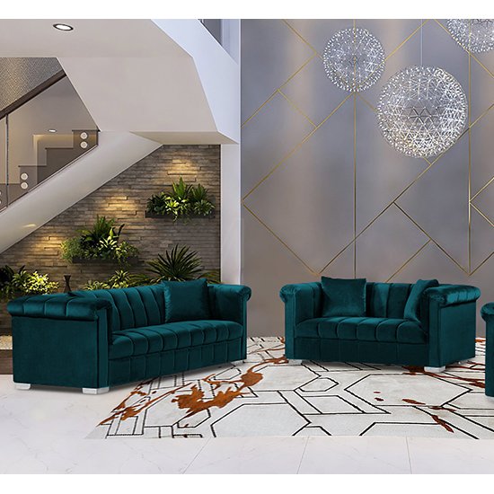 Kenosha Velour Fabric 2 Seater And 3 Seater Sofa In Emerald