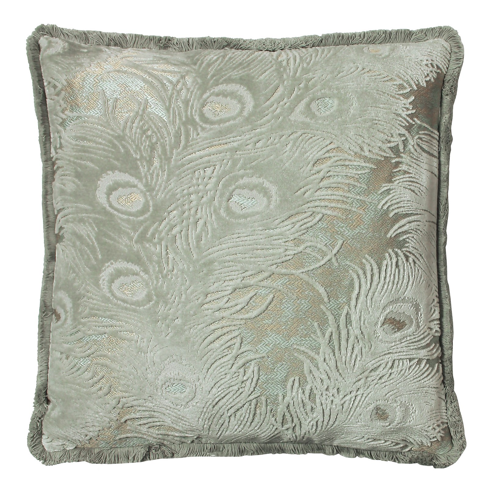 Peacock Cut Velvet Cushion with Fringe - 45x45cm