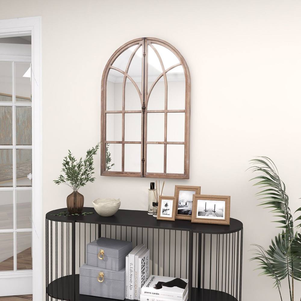 Costway Arched Window Pane Mirror Farmhouse Wall Mounted Decorative Mirror in Natural