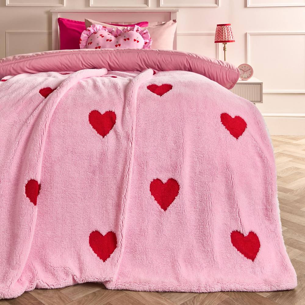 OHS Hearts Tufted Teddy Fleece Throw Blanket Soft Bedspread in Pink