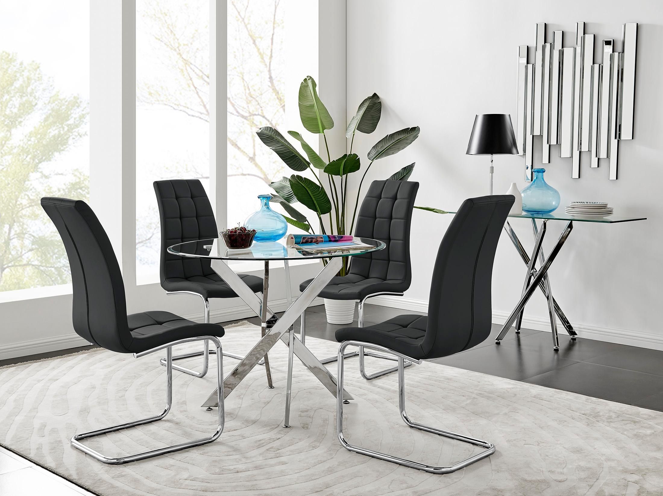 FurnitureboxUK Novara Chrome Metal 100cm Round Glass Dining Table & 4 Murano Dining Chairs in Black