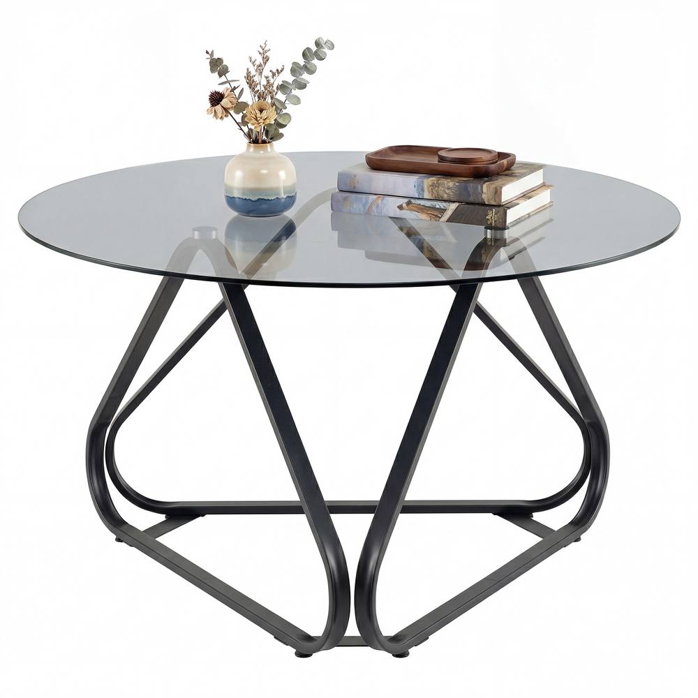 Costway Tempered Glass Coffee Table Round Accent Table Center Cocktail Table in Black