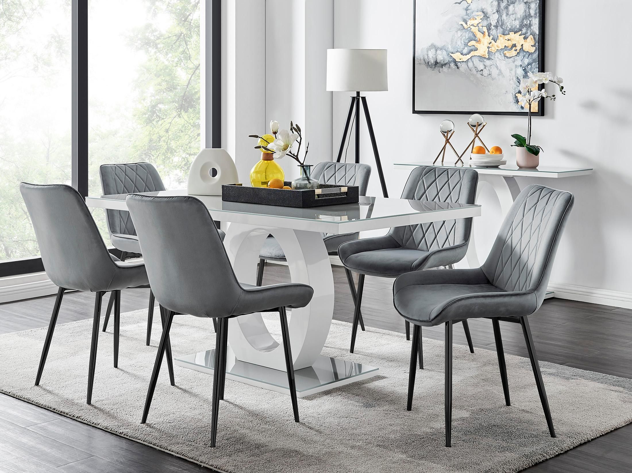 FurnitureboxUK Giovani 6-Seater Grey Glass Dining Table & 6 Pesaro Soft Velvet Dining Chairs