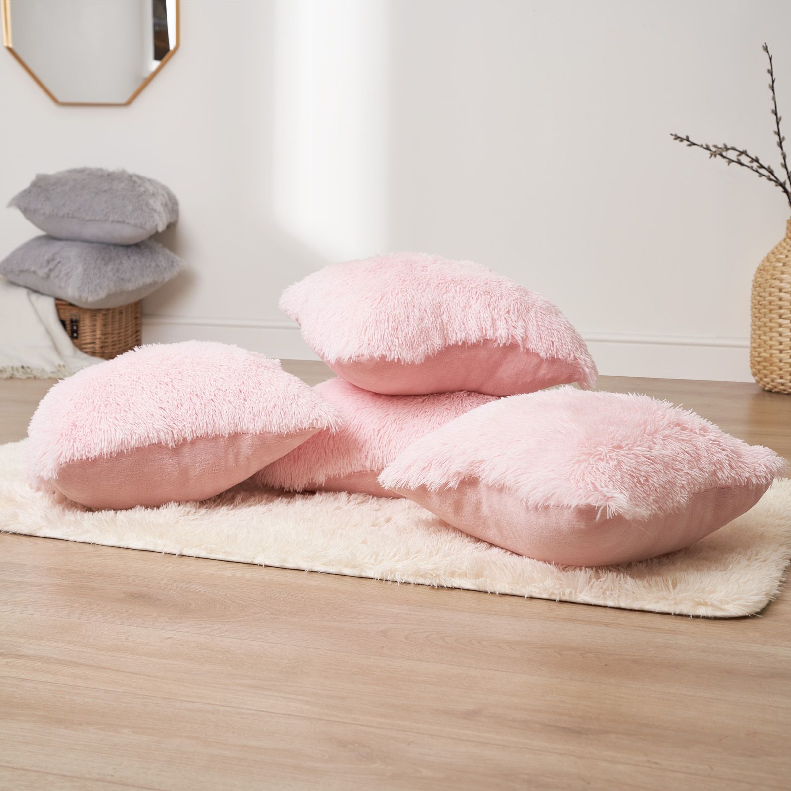 OHS Set of 2 Fluffy Shaggy Filled Cushion with Cover Square in Light Pink