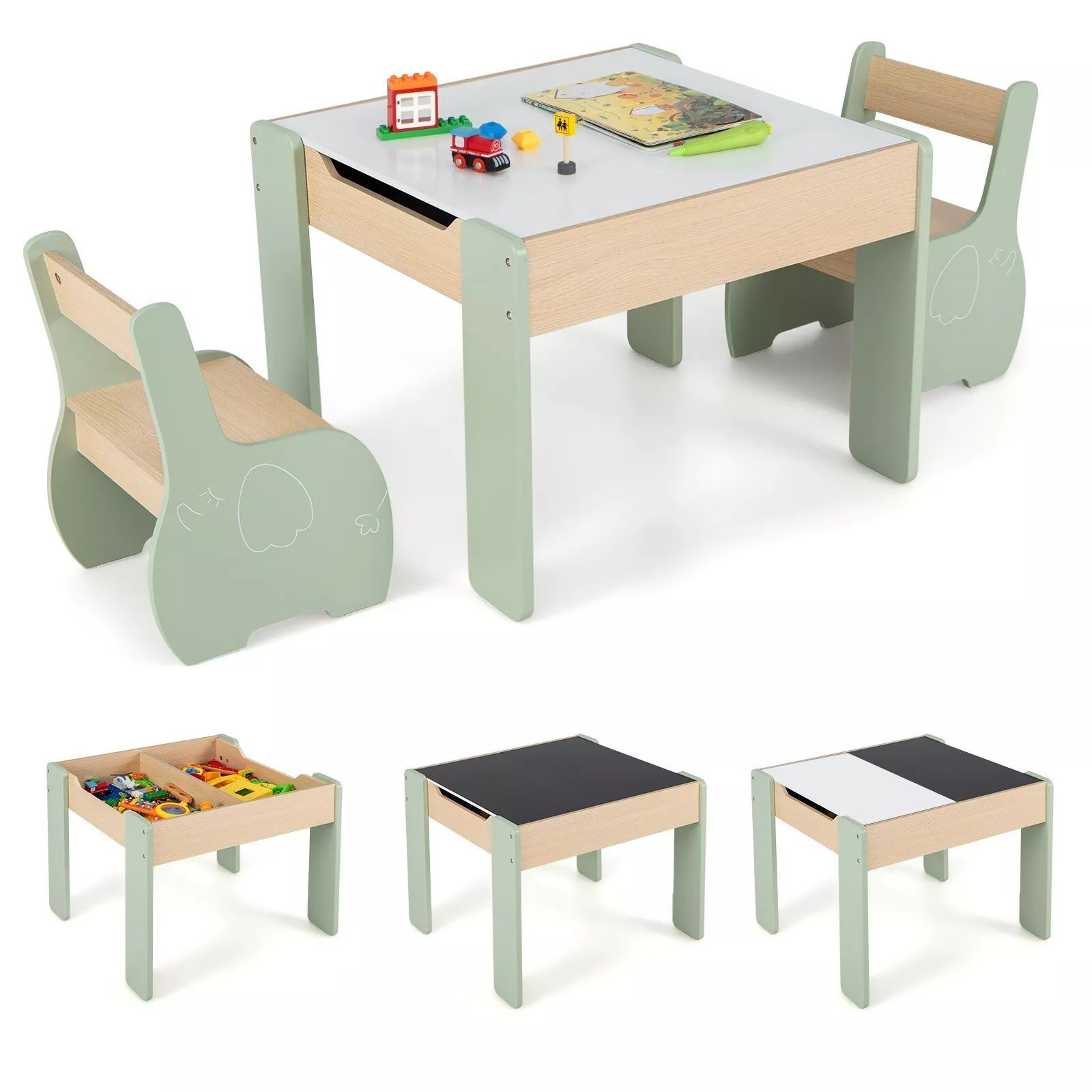 Costway Wooden Table & Chair Set Activity Desk 2 Chairs with Reversible Blackborad in Green