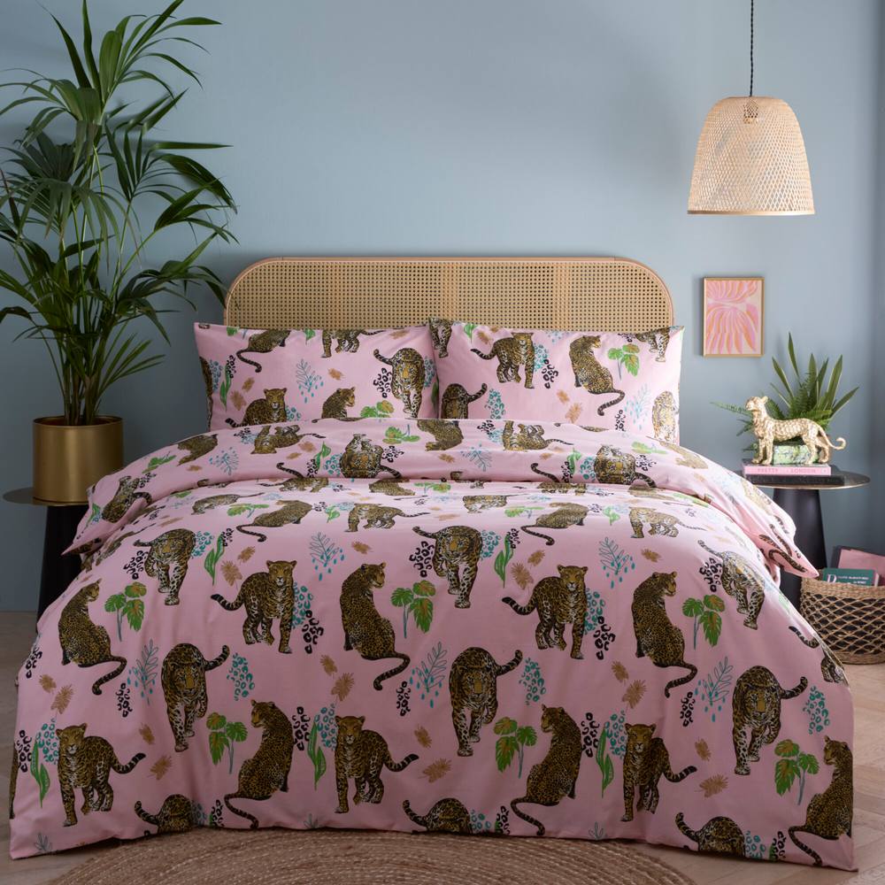 Portfolio Home Night Jaguar Animal Print Duvet Cover Set With Pillow Cases in Pink