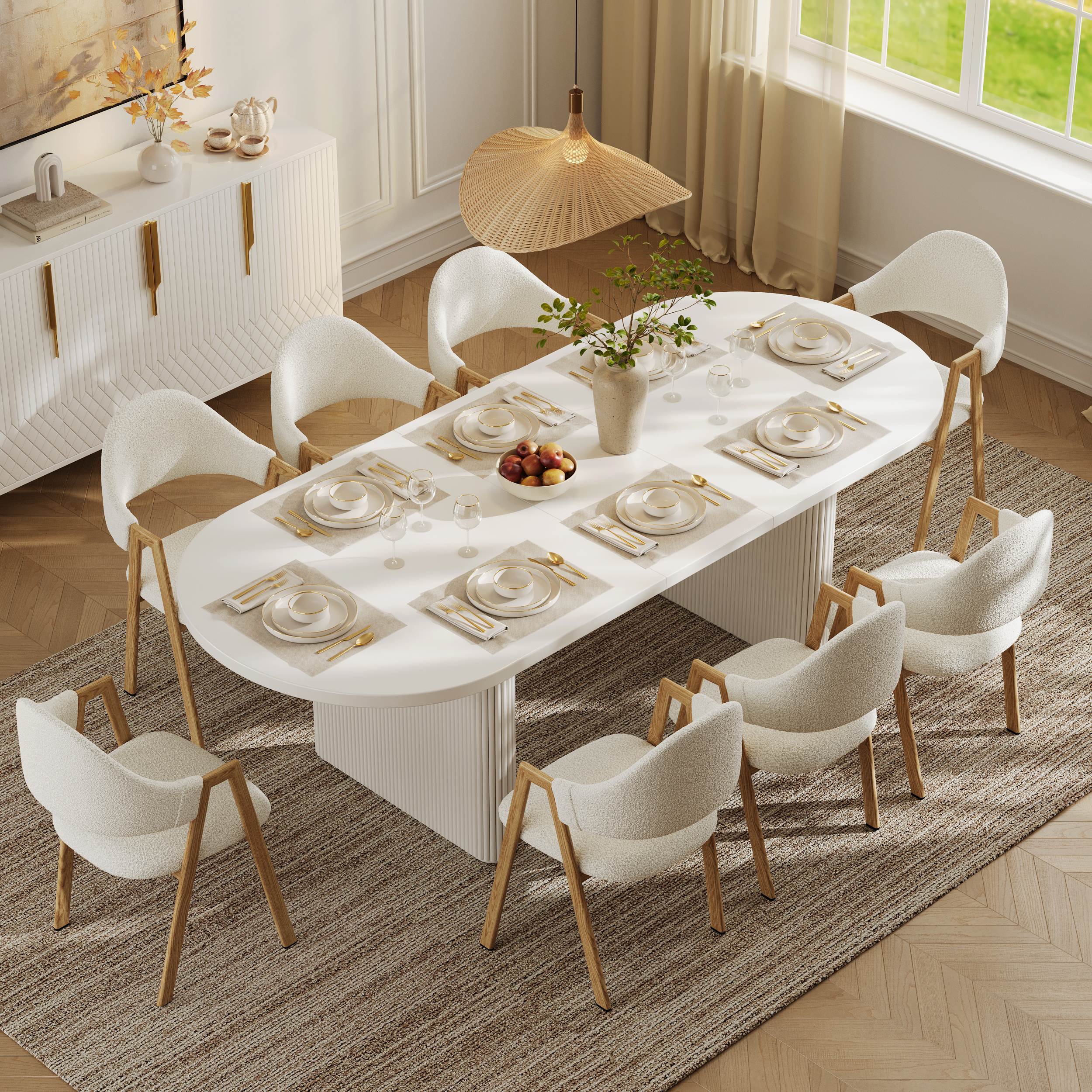 Japandi 2000mm-2400mm Oval Extendable White Dining Table & 8 Dining Chair Set