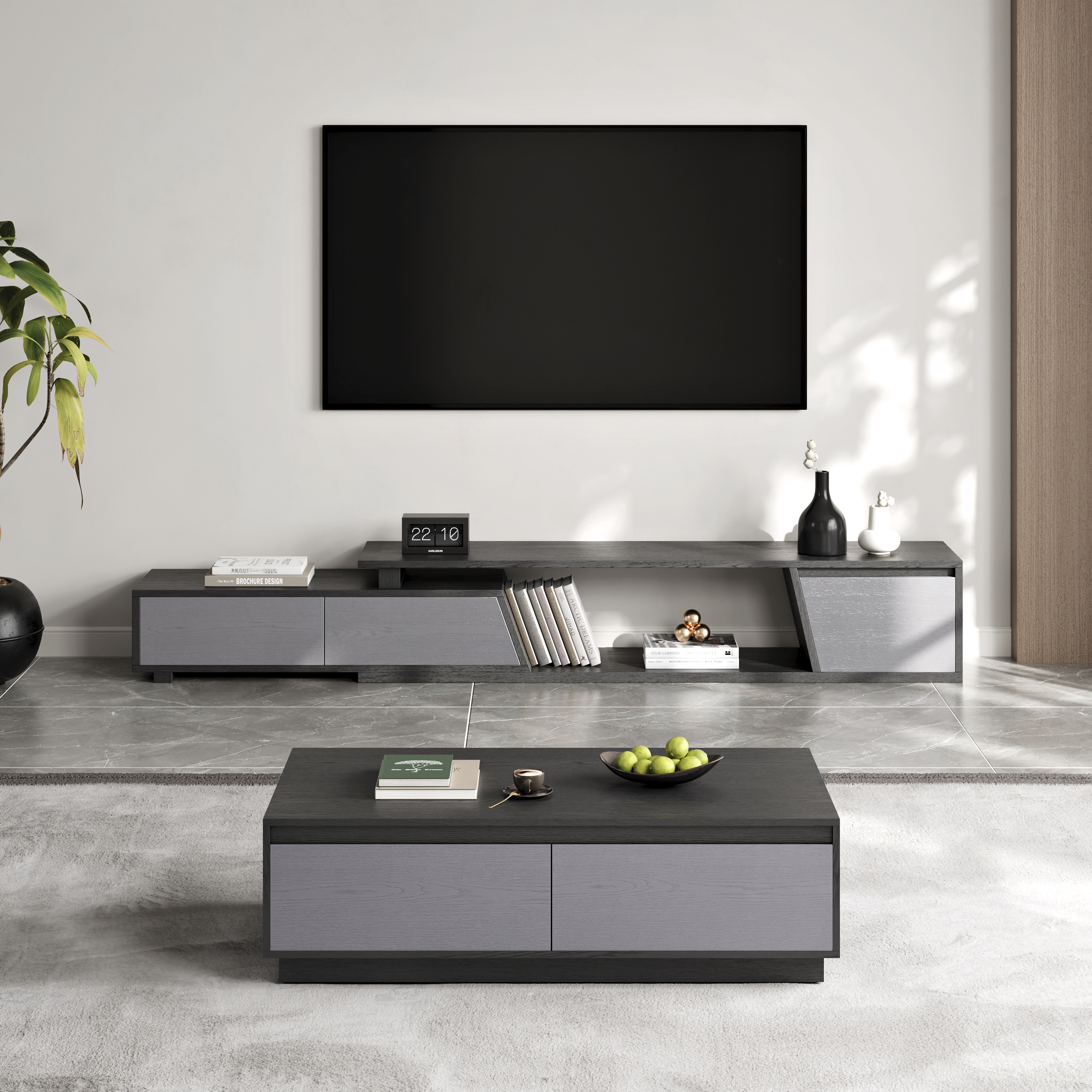 Fero Mid-Century Extendable TV Stand & Block Coffee Table Set