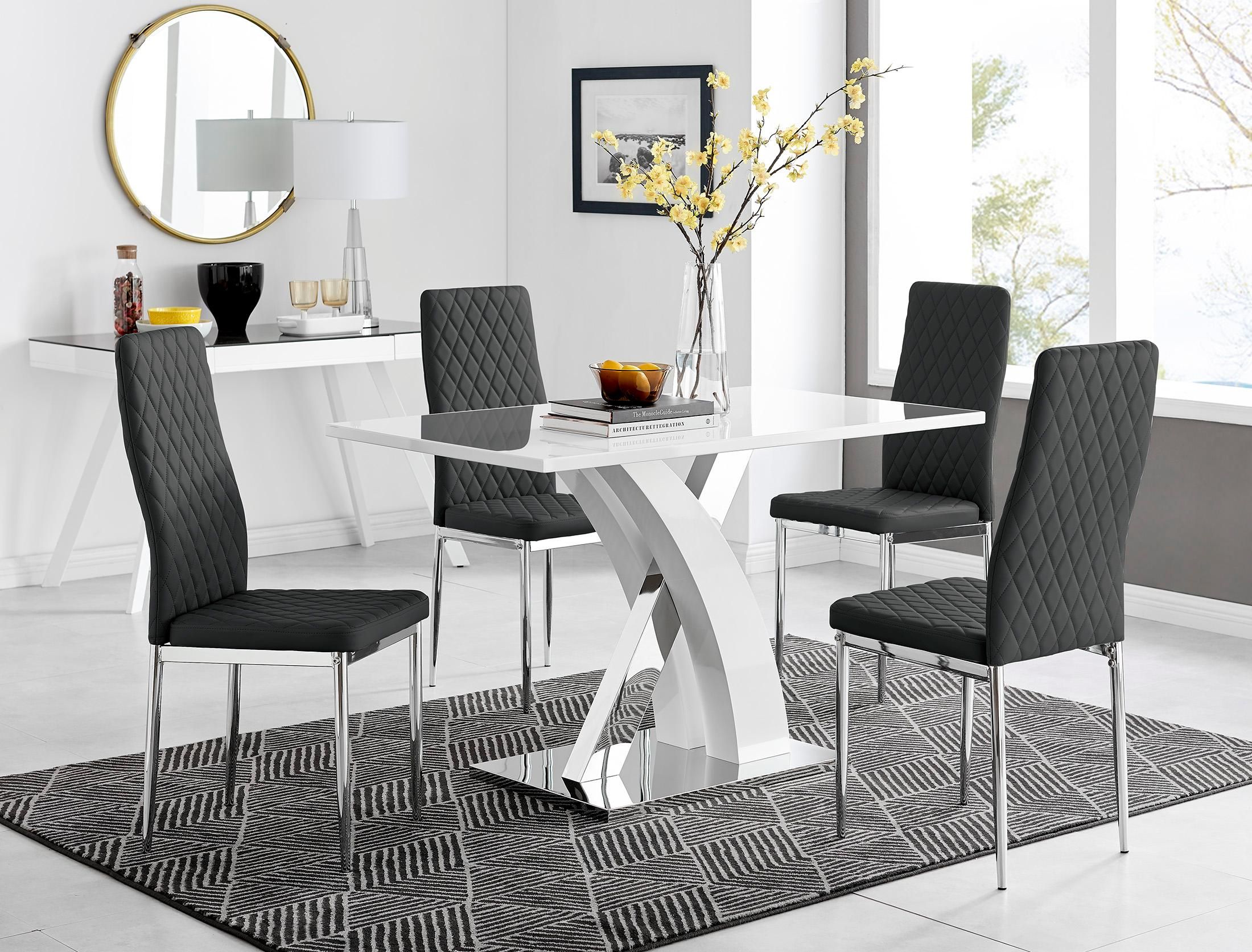 FurnitureboxUK Atlanta White High Gloss & Chrome 4 Seater Dining Table with X Shaped Legs & 4 Faux Leather Milan Chairs in Black
