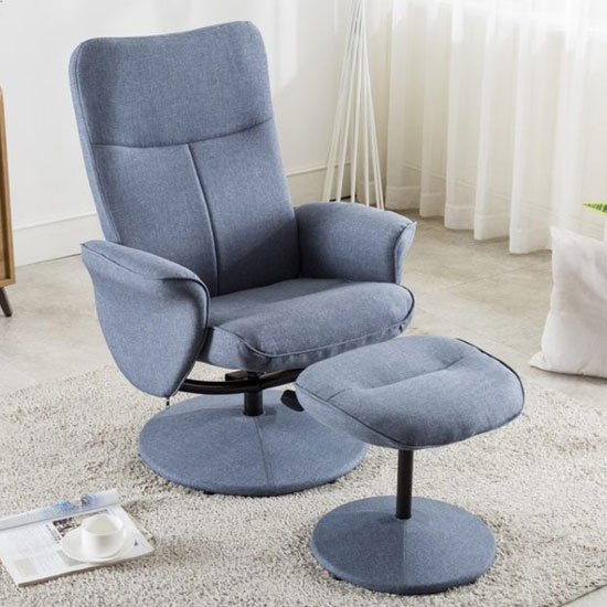 Natalia Fabric Recliner Lounge Chair In Blue With Footstool