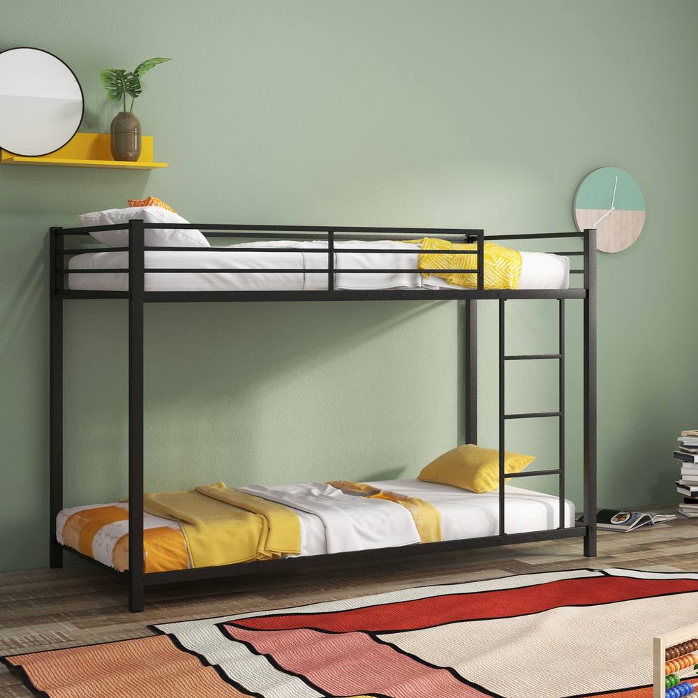Costway Single Metal Bunk Bed Floor Bed Frame w/Ladder &Full-length Guardrails in Black