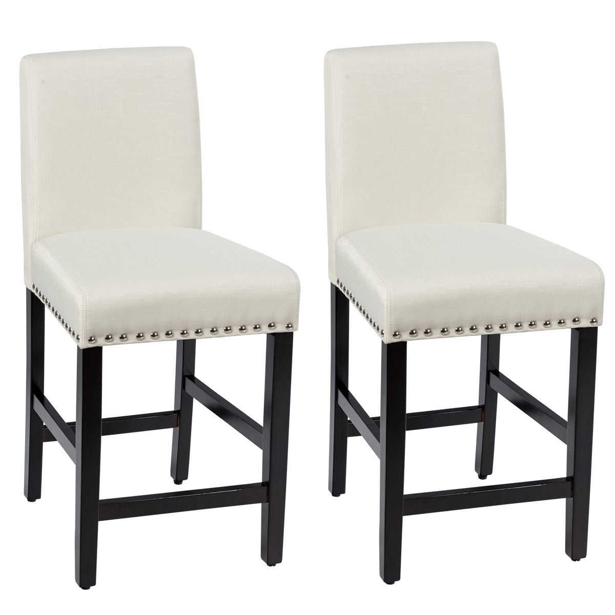 Costway Set of 2 Bar Stools Counter Height Chair Upholstered W/ Low Backrest & Wide Seat in Beige