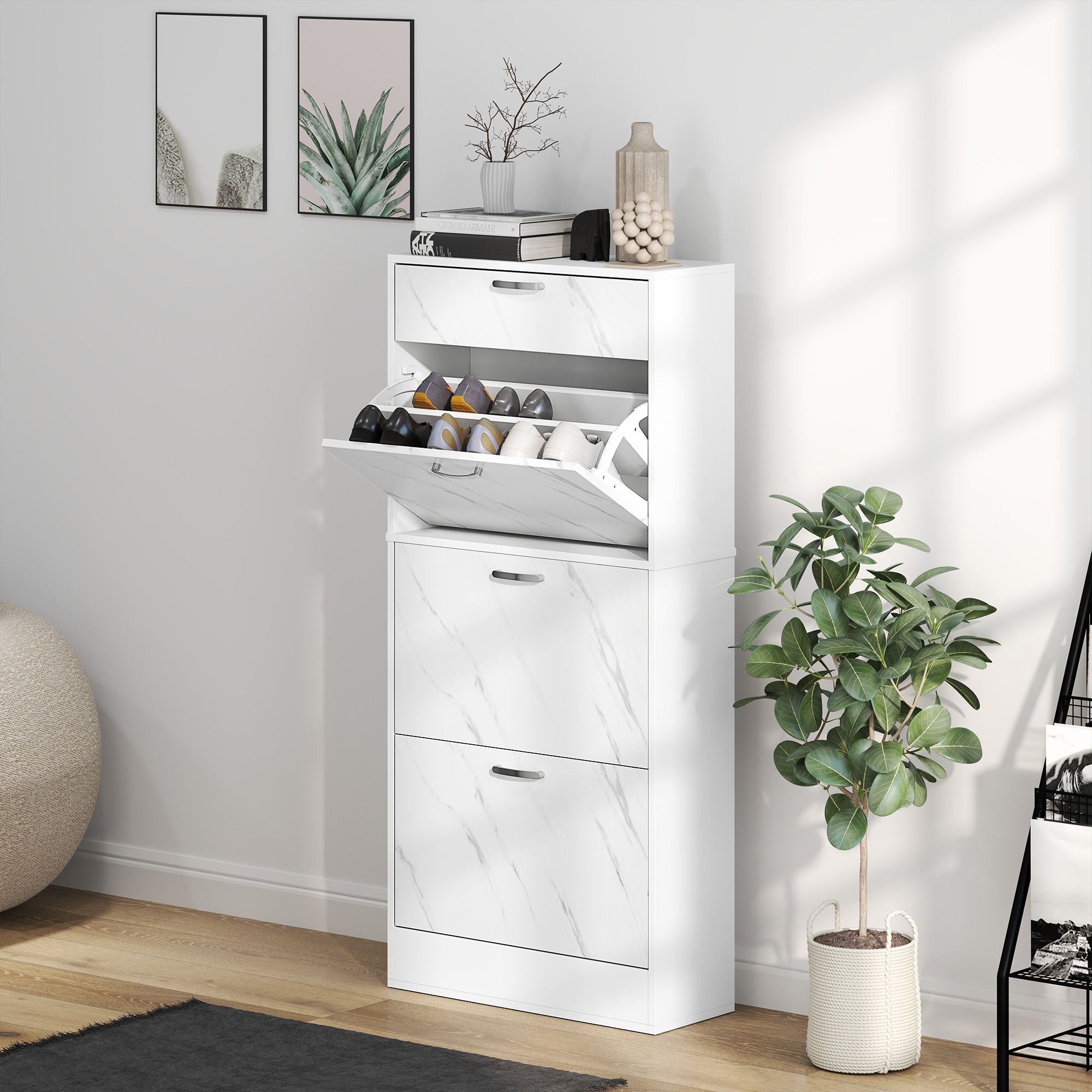 HOMCOM Shoe Cabinet w/ 4 Drawers Shoe Storage Organiser for 18 Pairs Black in White