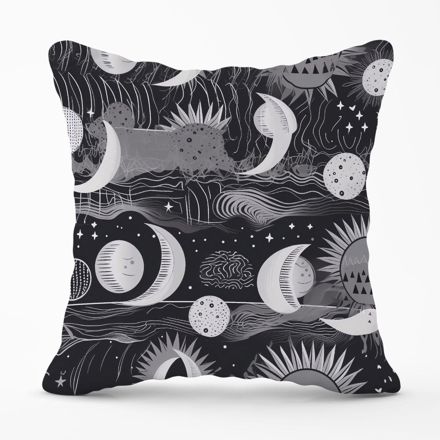 Warren Reed - Designer Abstract Black White Moon & Sun Outdoor Cushion in Grey