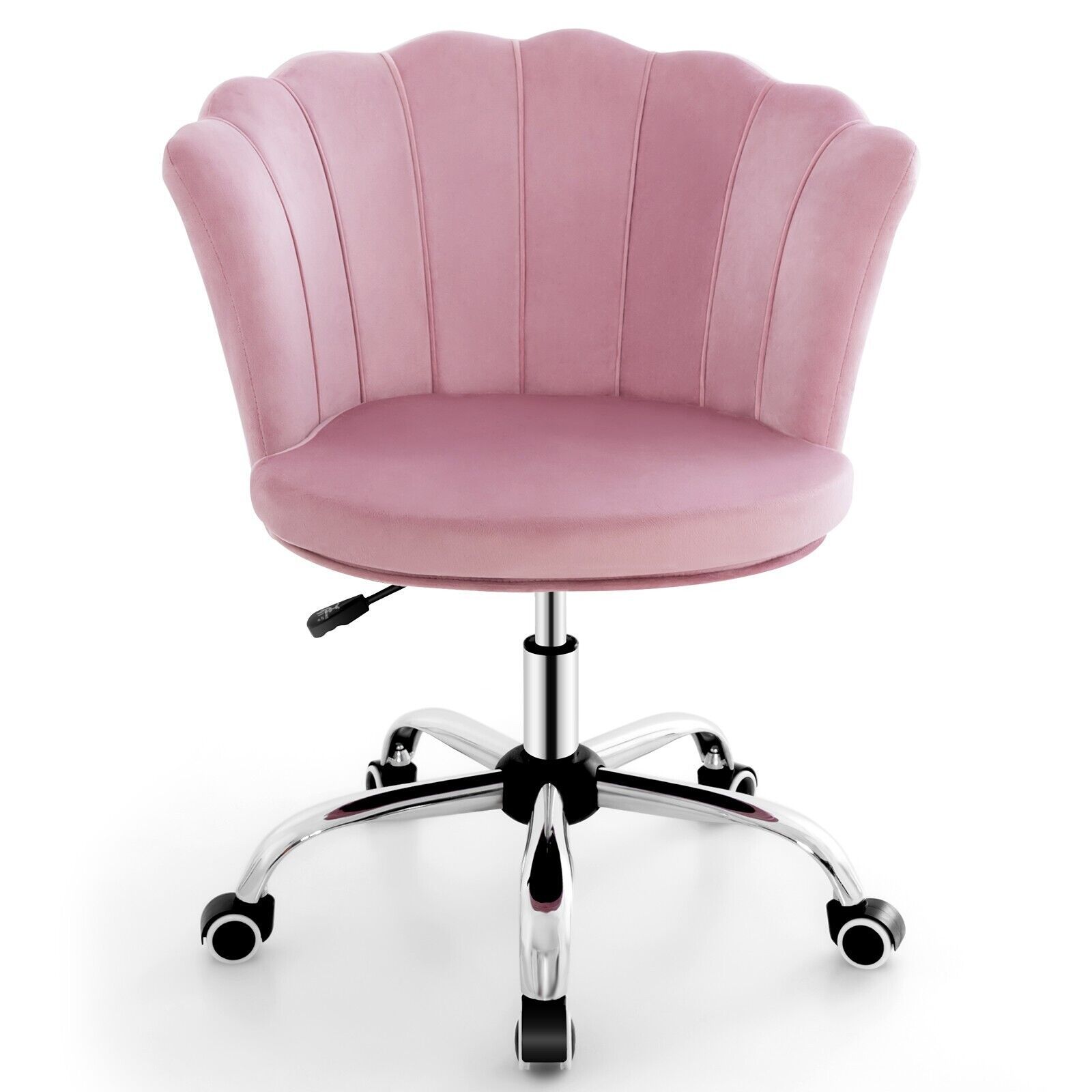 Costway Adjustable Vanity Chair Upholstered Velvet Arm Chair w/Wheels in Pink