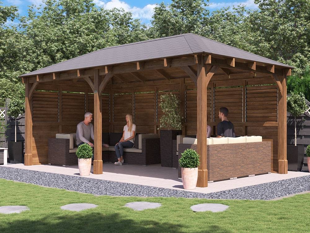 Dunster House Wooden Gazebo Kit with Louvre Wall & Shingles 6m x 3m - Leviathan in Brown