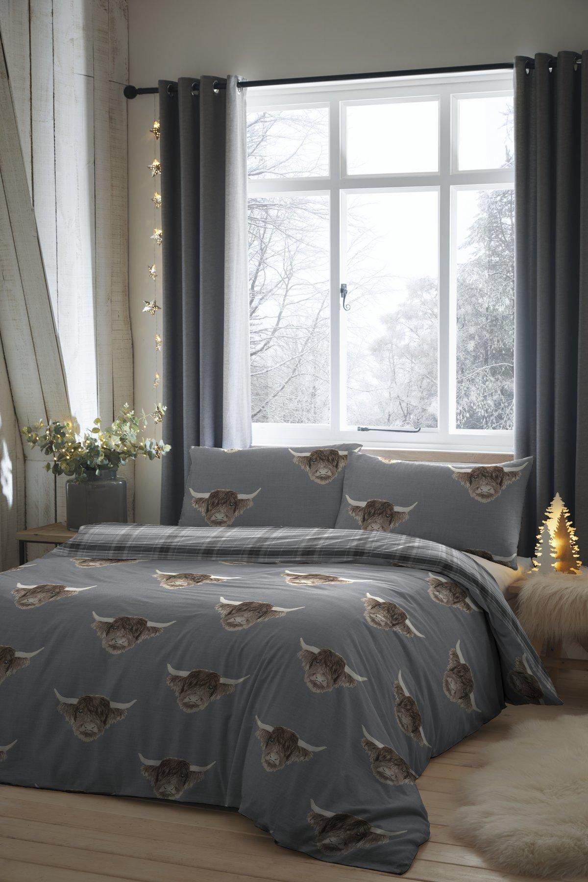 Fusion 'Highland Cow' Print With Tartan Reverse Duvet Cover Set in Grey