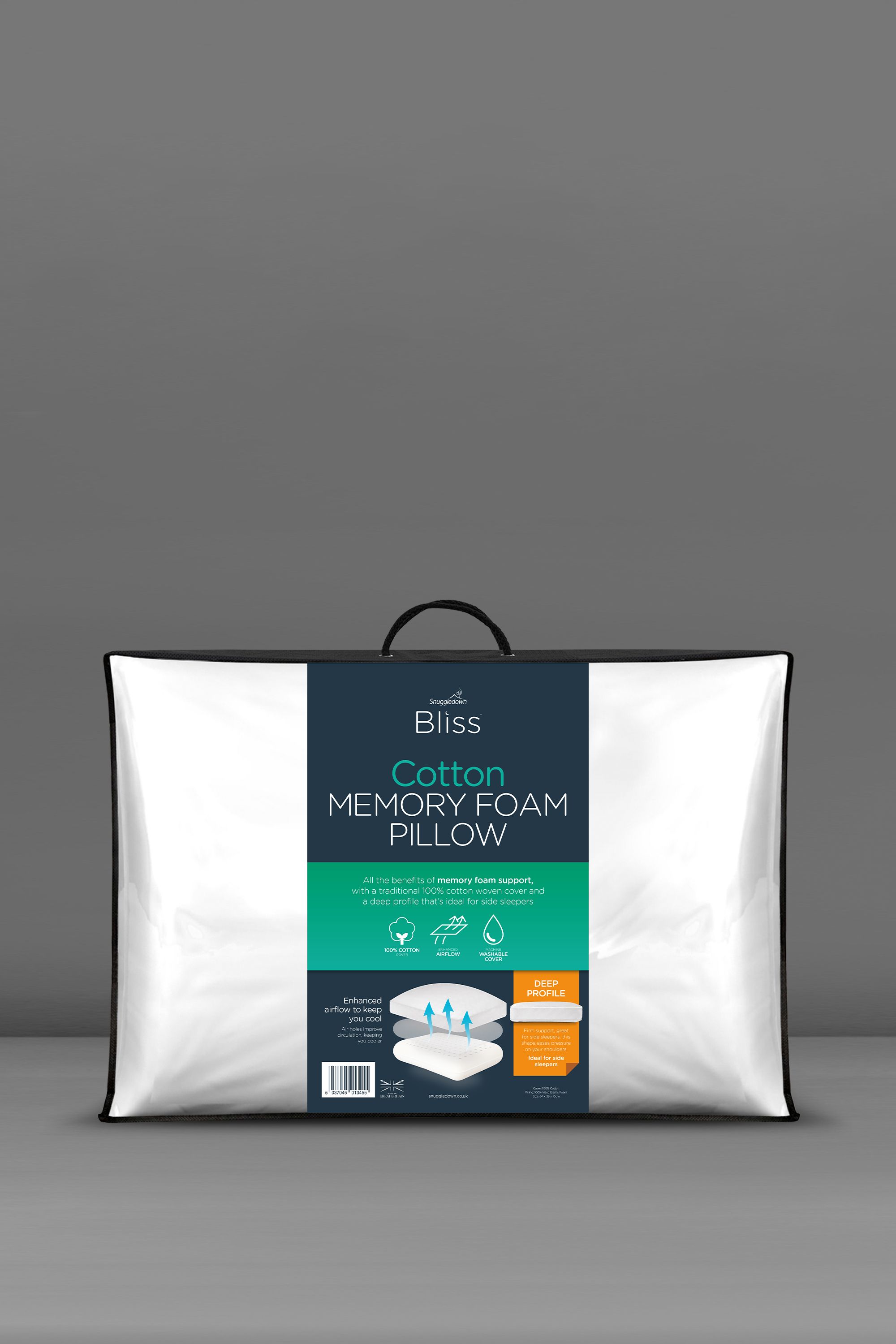 Snuggledown Single Bliss Cotton Memory Foam Deep Filled Side Sleeper Pillow in White