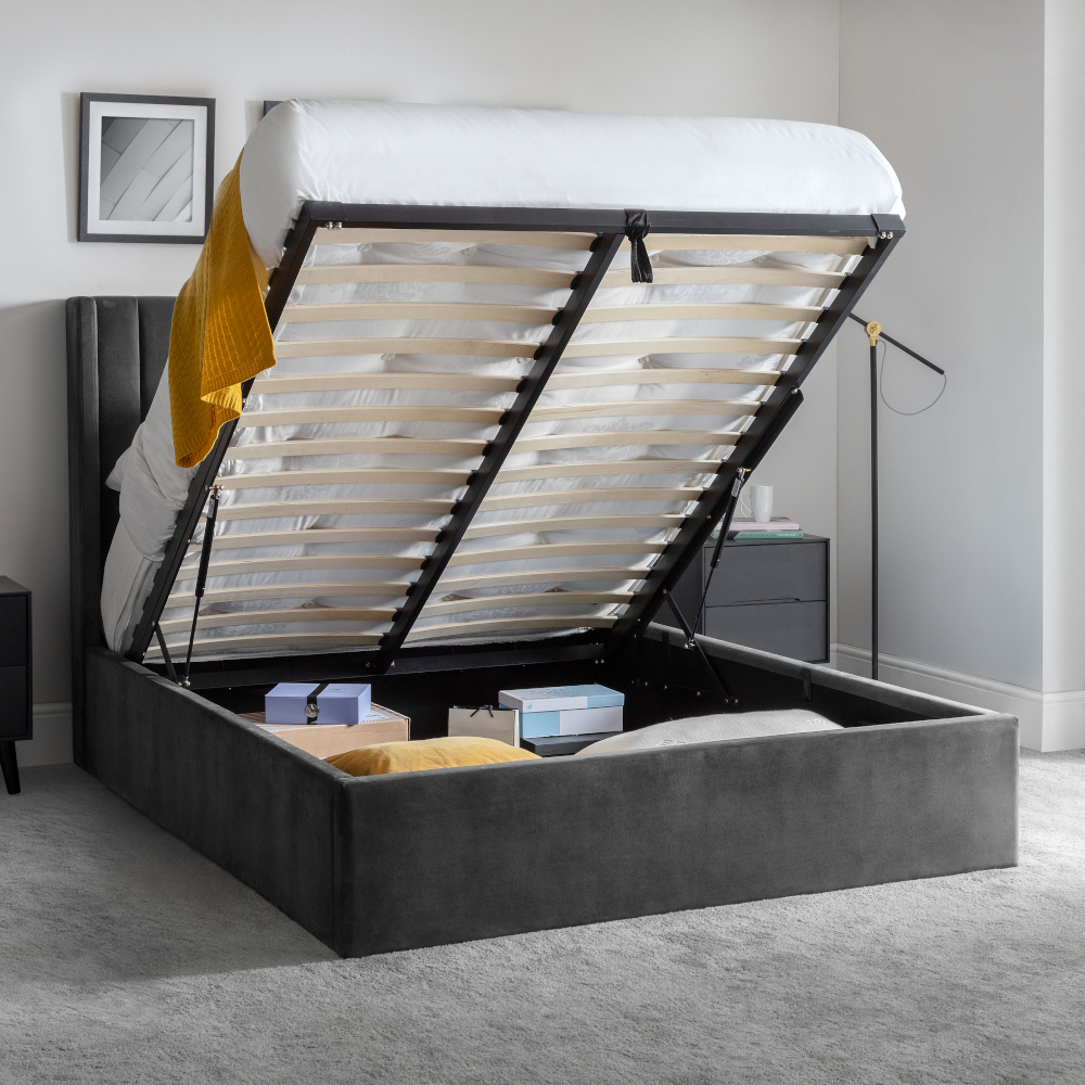 Langham Grey Velvet Ottoman Storage Bed Frame - 5ft King Size