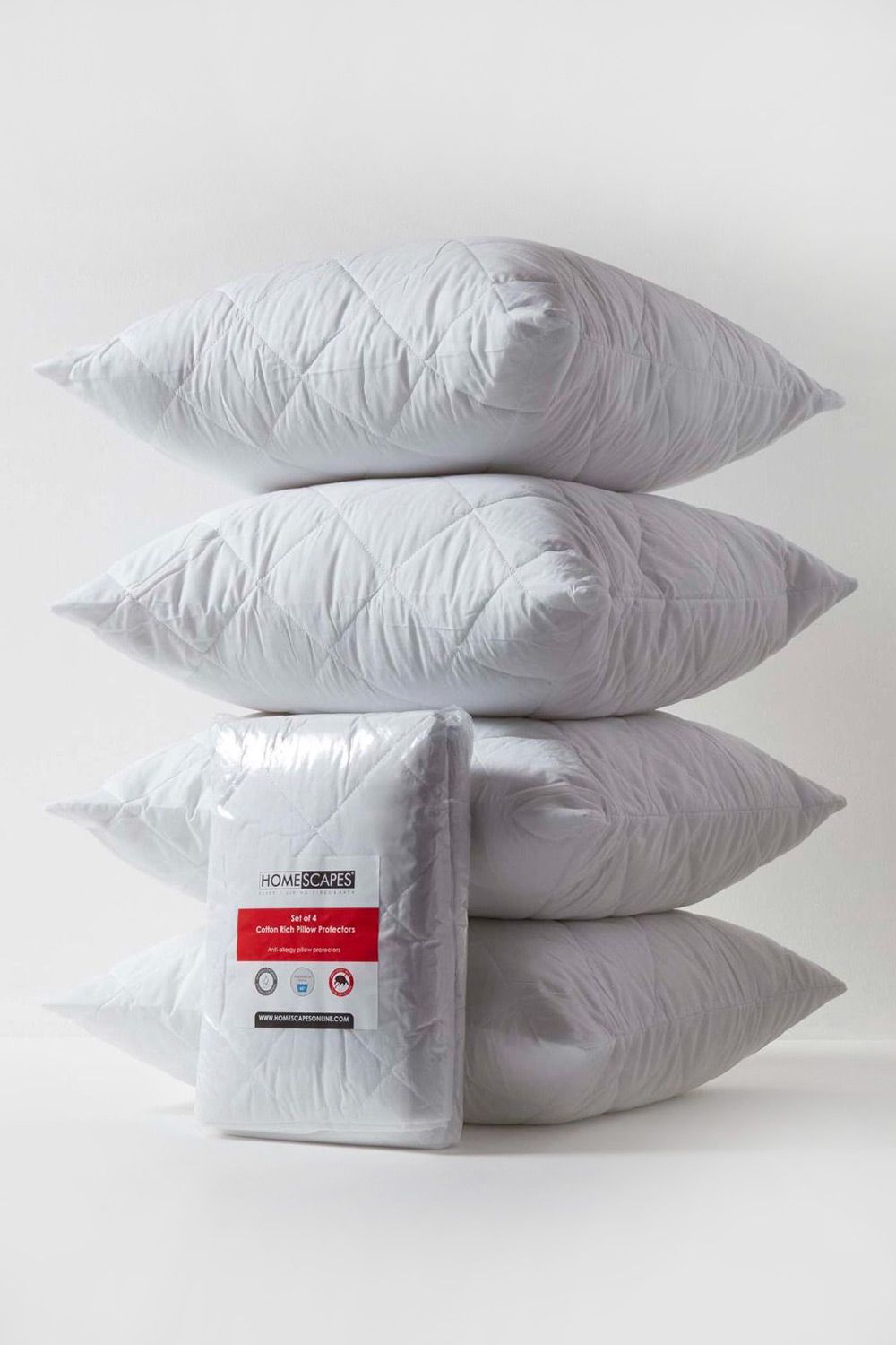 Homescapes Cotton Rich Quilted Pillow Protectors 60 x 60 cm, Pack of 4 in White