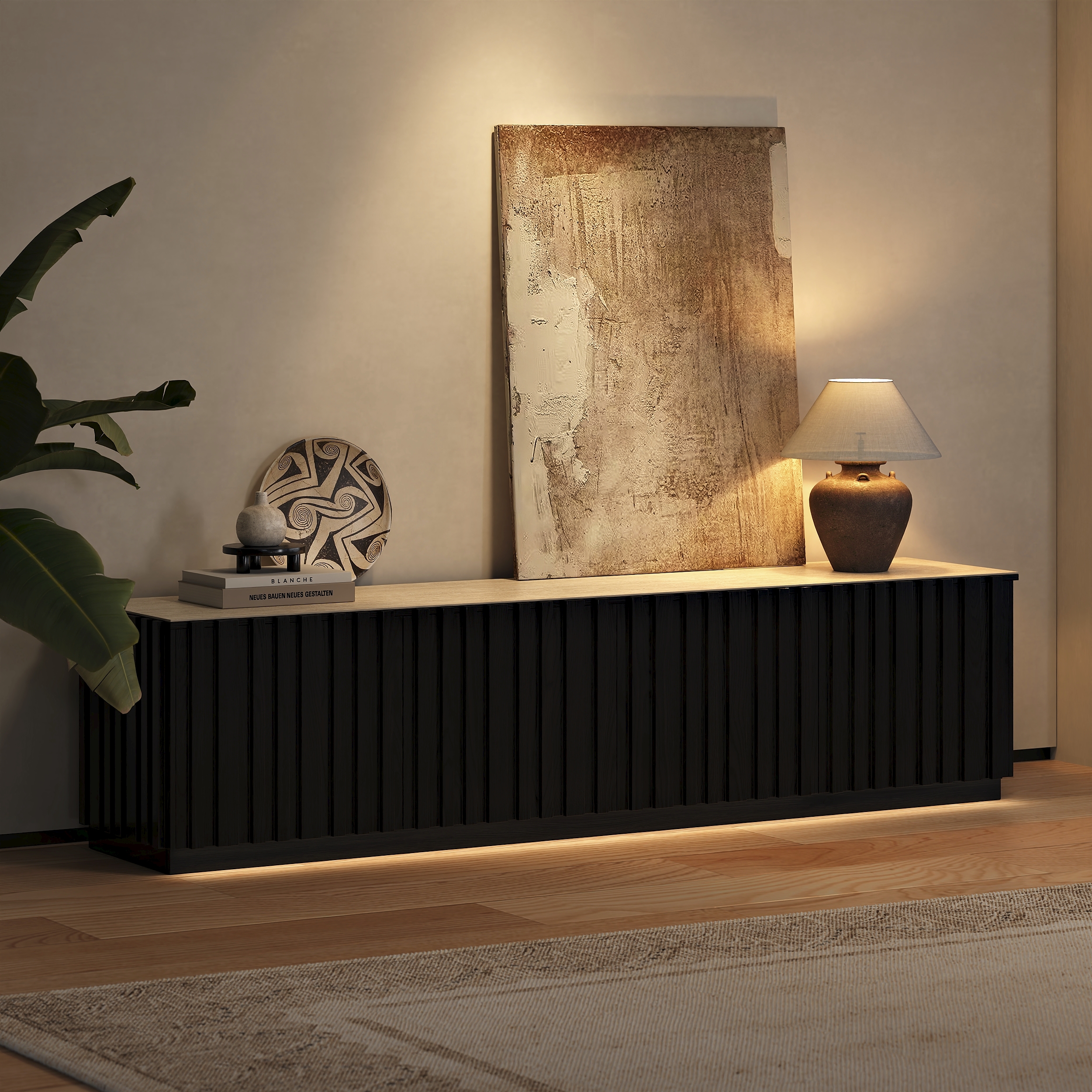 Aura 210 cm Mid-Century Modern Ash Wood Slatted Black TV Stand with Travertine Veneer Top