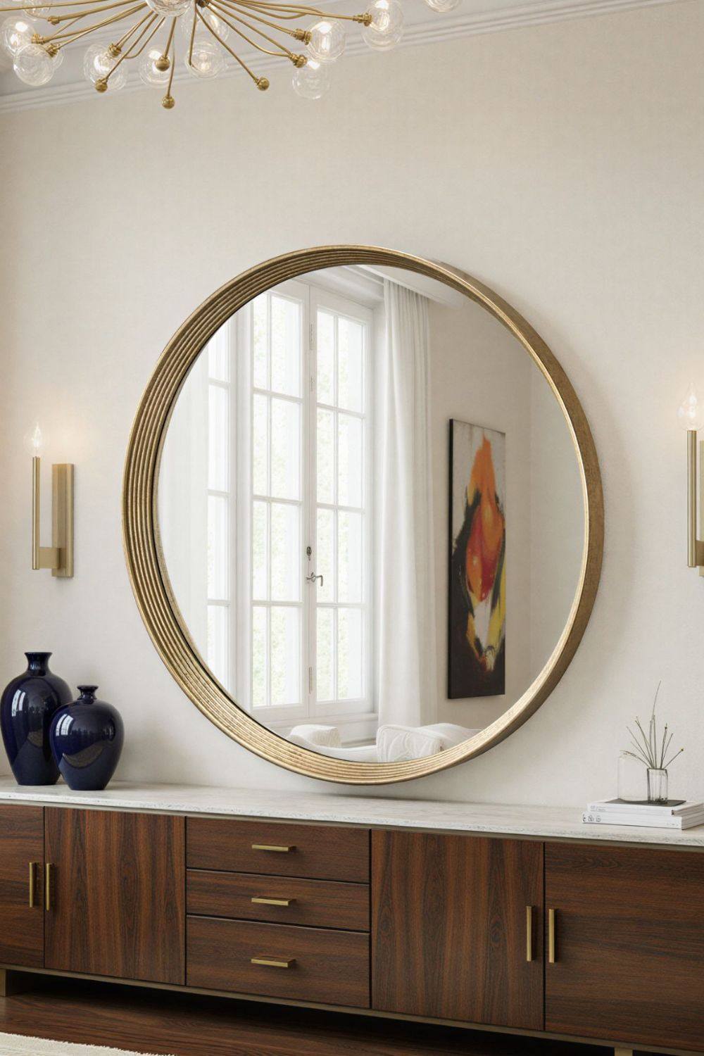Yearn Mirrors Willow Gold Large Round Contemporary Mirror Bevelled in Metallic Gold