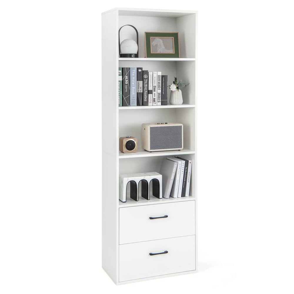 Costway 6-Tier Tall Bookshelf Wood Bookcase Organizer Display Storage Shelf W/ 2 Drawers in White
