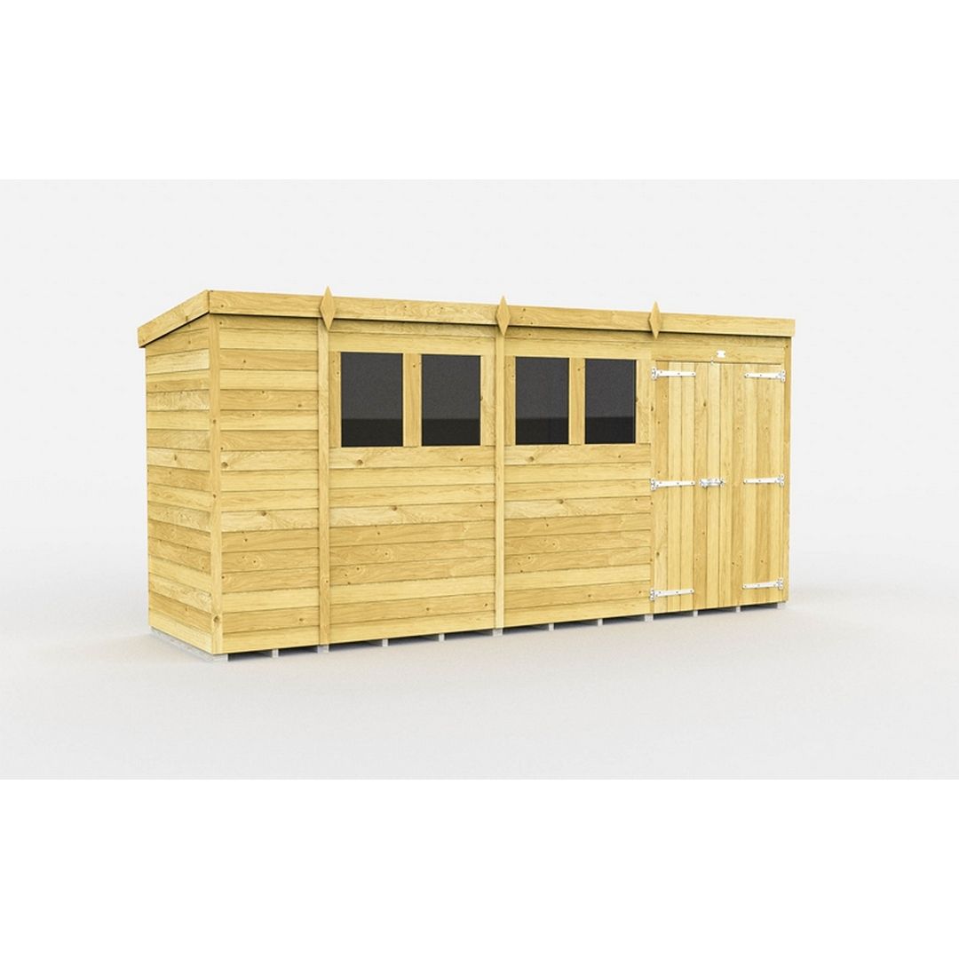 Buttercup Farm 15 x 4 Feet Pent Shed - Double Door W/ Windows - L118 x W454 x H201 cm in Brown