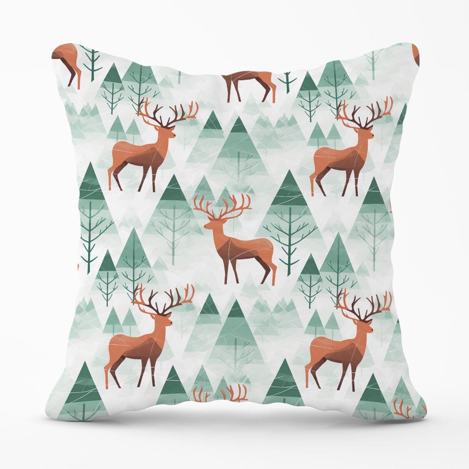 Warren Reed - Designer Reindeer On A Snowy Landscape Outdoor Cushion in Green