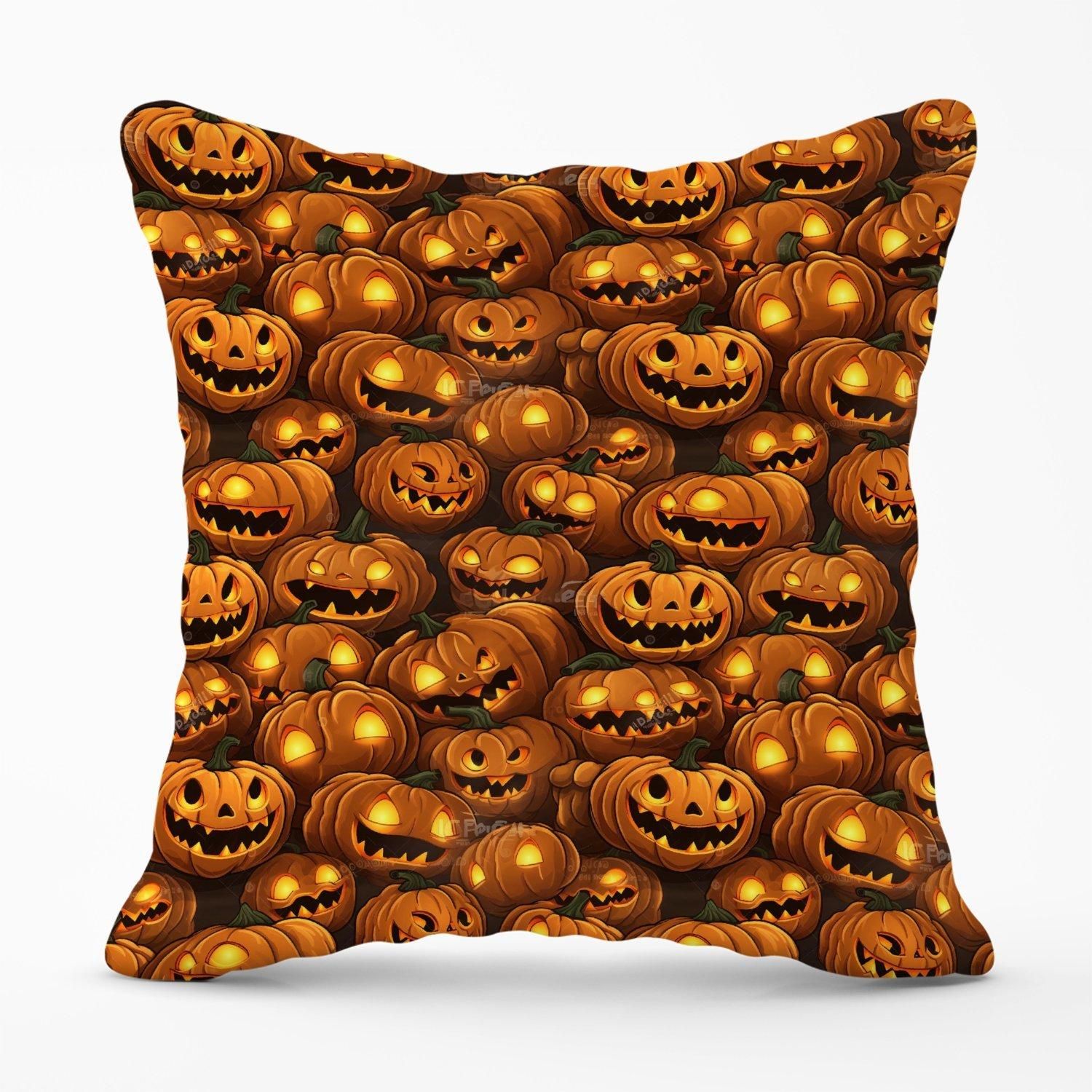 Warren Reed - Designer Grinning Lanterns Pumpkins With Glowing Eyes Outdoor Cushion in Orange