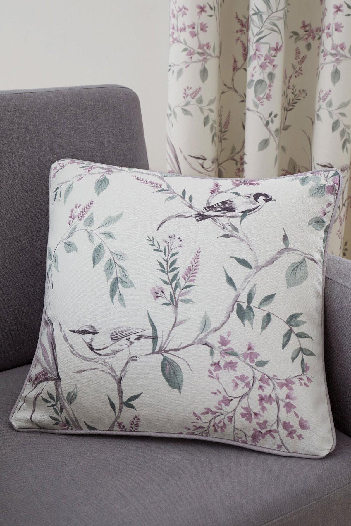 Dreams & Drapes 'Jazmine' Filled 100% Cotton Cushion With Hand Painted Floral Print in Lavender