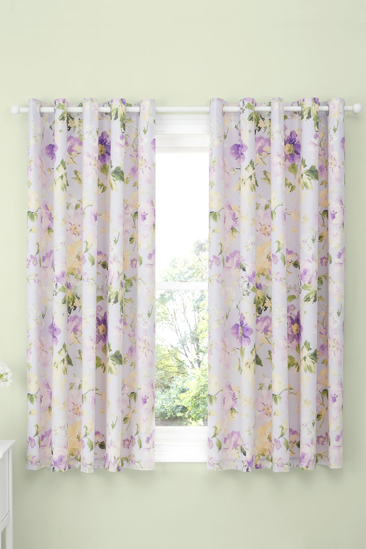 Dreams & Drapes 'Florette' Hand Painted Floral Print Light Filtering Eyelet Curtains in Lilac
