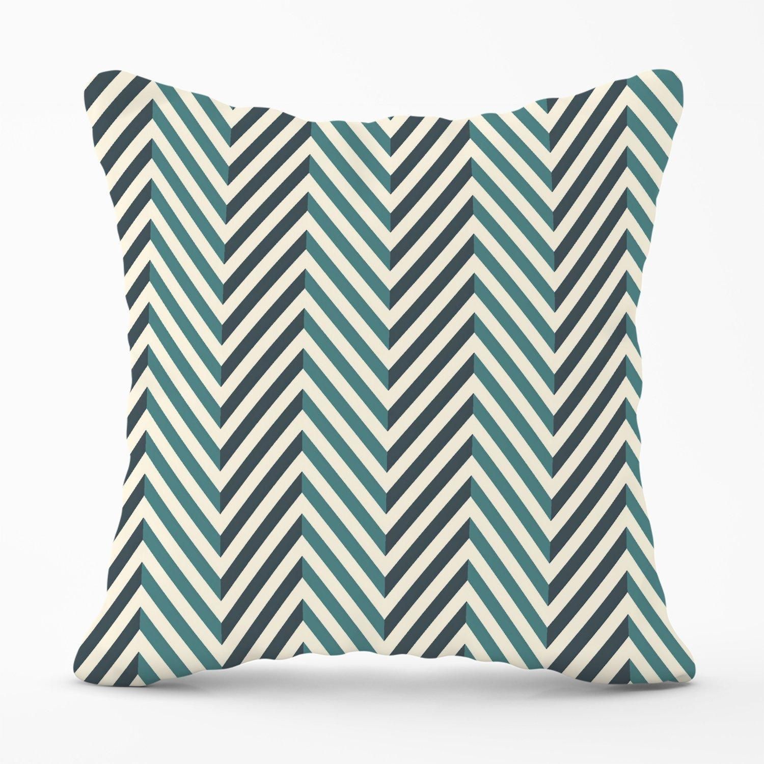 Warren Reed - Designer Geometric Herringbone Chevron Blues Outdoor Cushion in Green