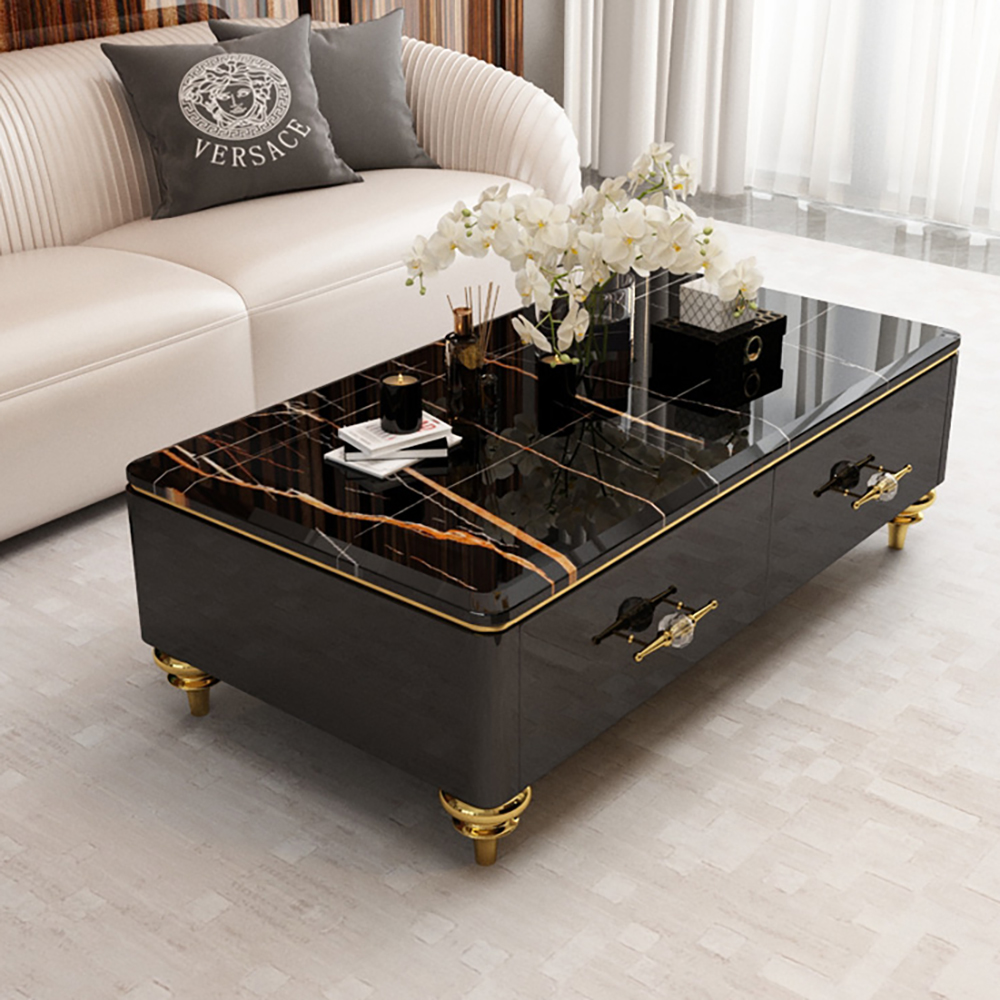 Chift 130 cm Modern Marble Coffee Table & Storage Drawers Gold Stainless Steel Legs