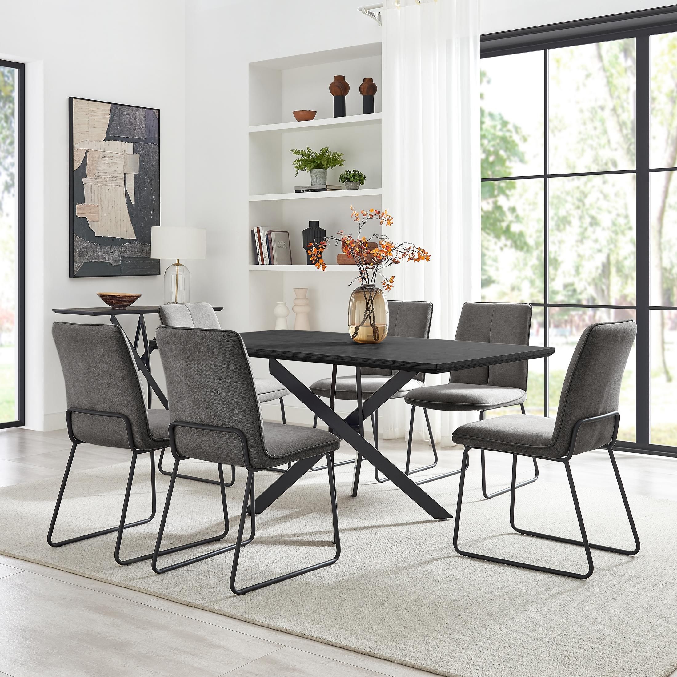 FurnitureboxUK Leonardo Black Top Dining Table & 6 Halley Fabric Chairs in Dark Grey