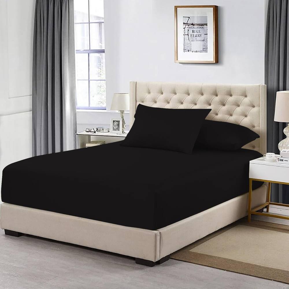 Homes-Linen 100% Egyptian Cotton 200TC Fitted Sheet 30cm Deep Pocket in Black