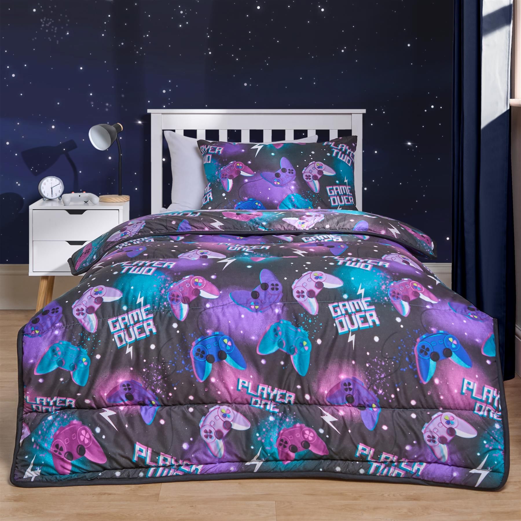 OHS Gaming Coverless 10.5 Tog Duvet Set Bed Quilted Gamer Pillowcase in Black