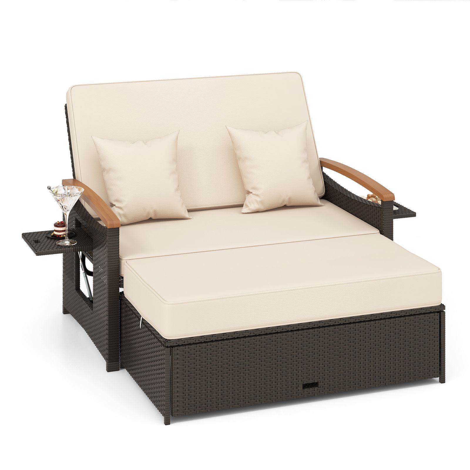Costway Outdoor Wicker Daybed Rattan Woven Loveseat with Folding Panels & Storage Ottoman in Brown