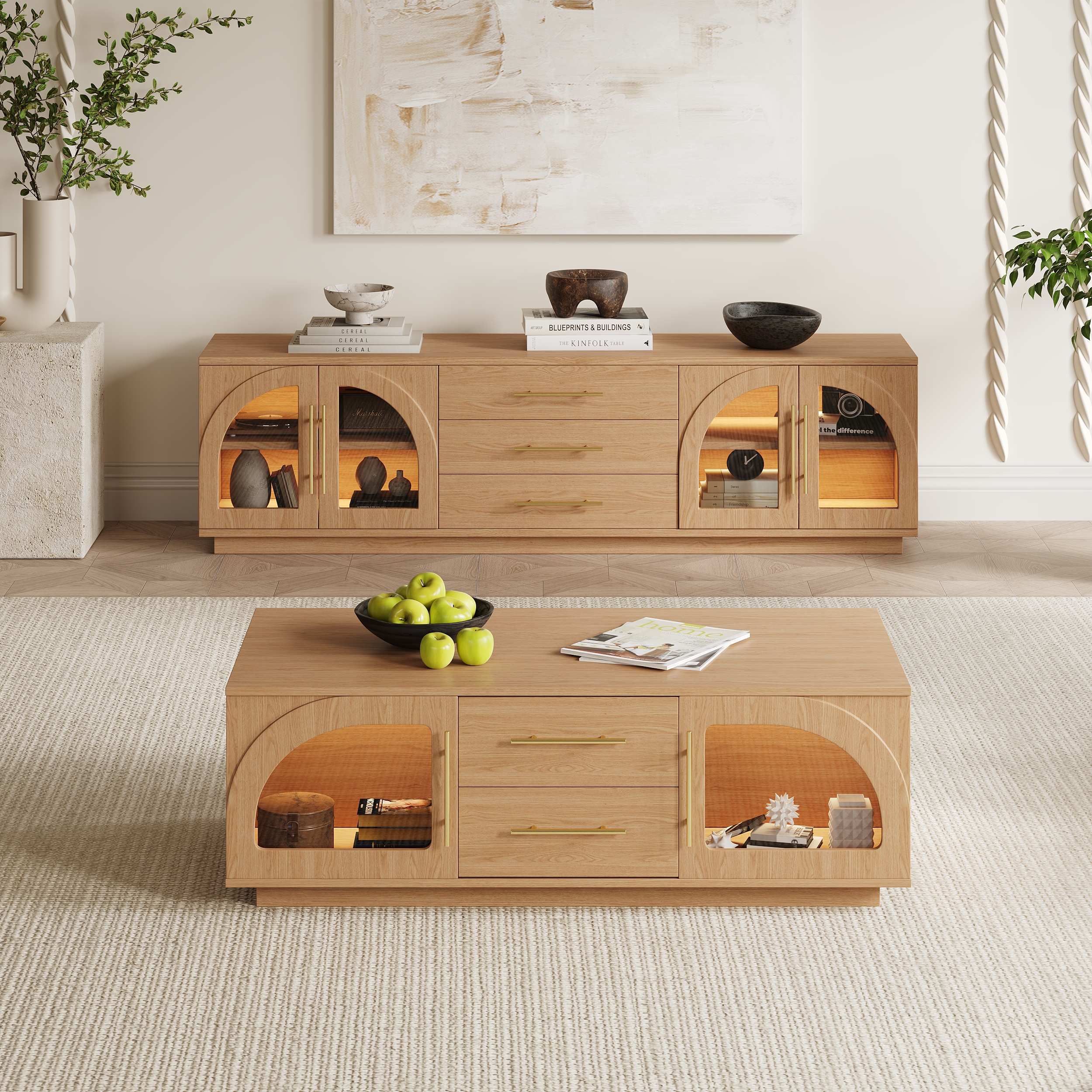 Arune 1829 mm Mid Century Modern Natural TV Stand Coffee Table Set with LED Lights and Arched Glass Cabinet Doors