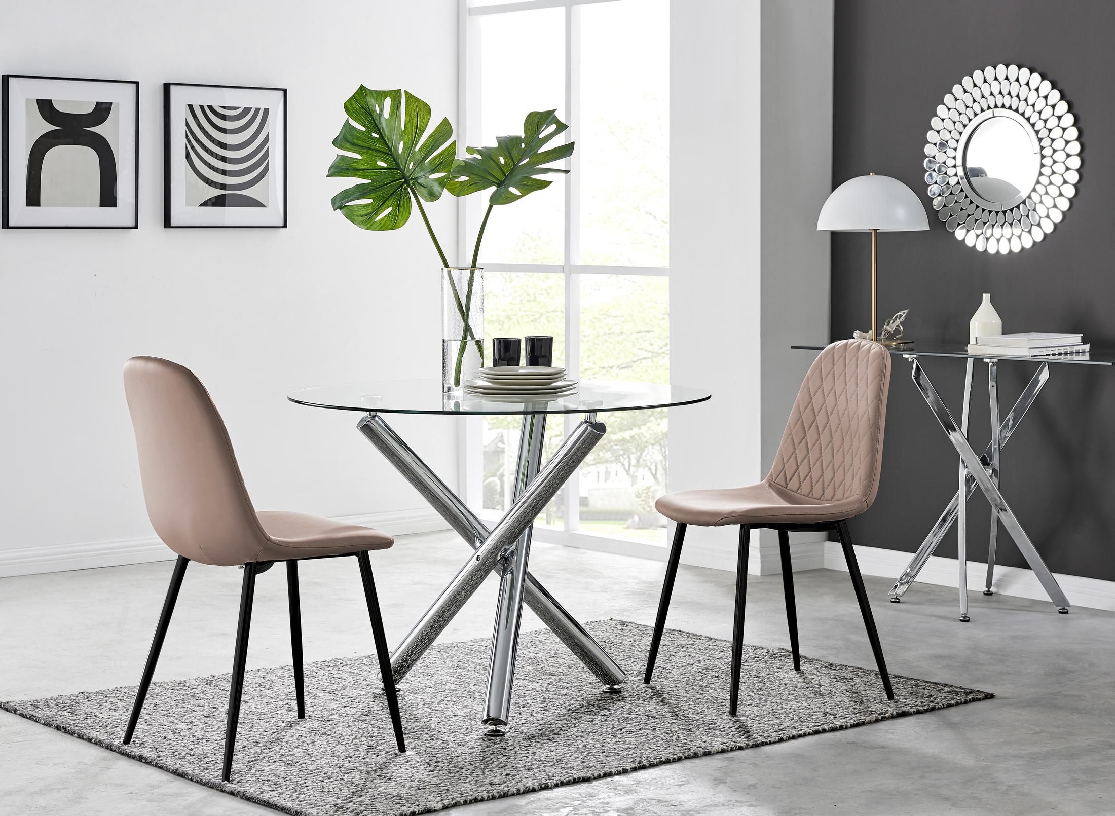 FurnitureboxUK Selina Round Glass Chrome Leg Dining Table & 2 Corona Black Leg Chairs in Beige