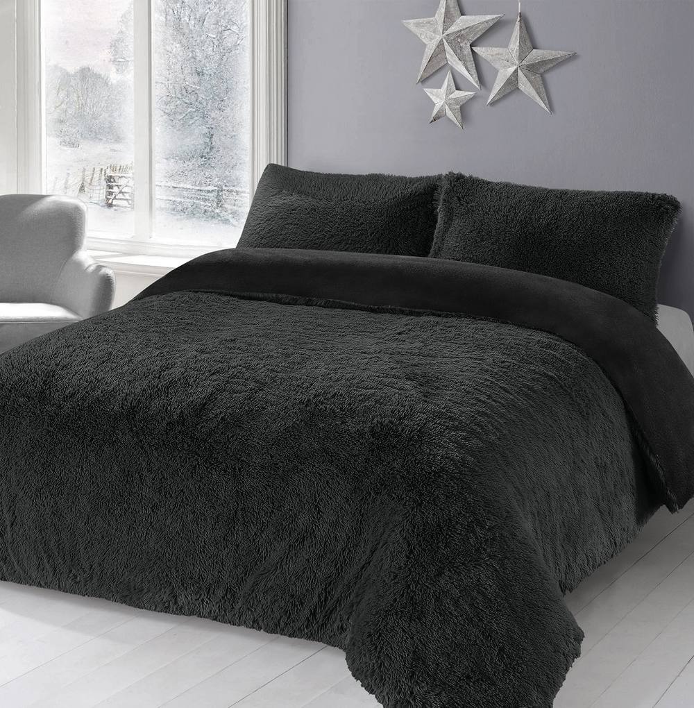 Homes-Linen Alaska Long Fur Teddy Fleece Duvet Cover Set Soft Warm Cosy Bedding in Black