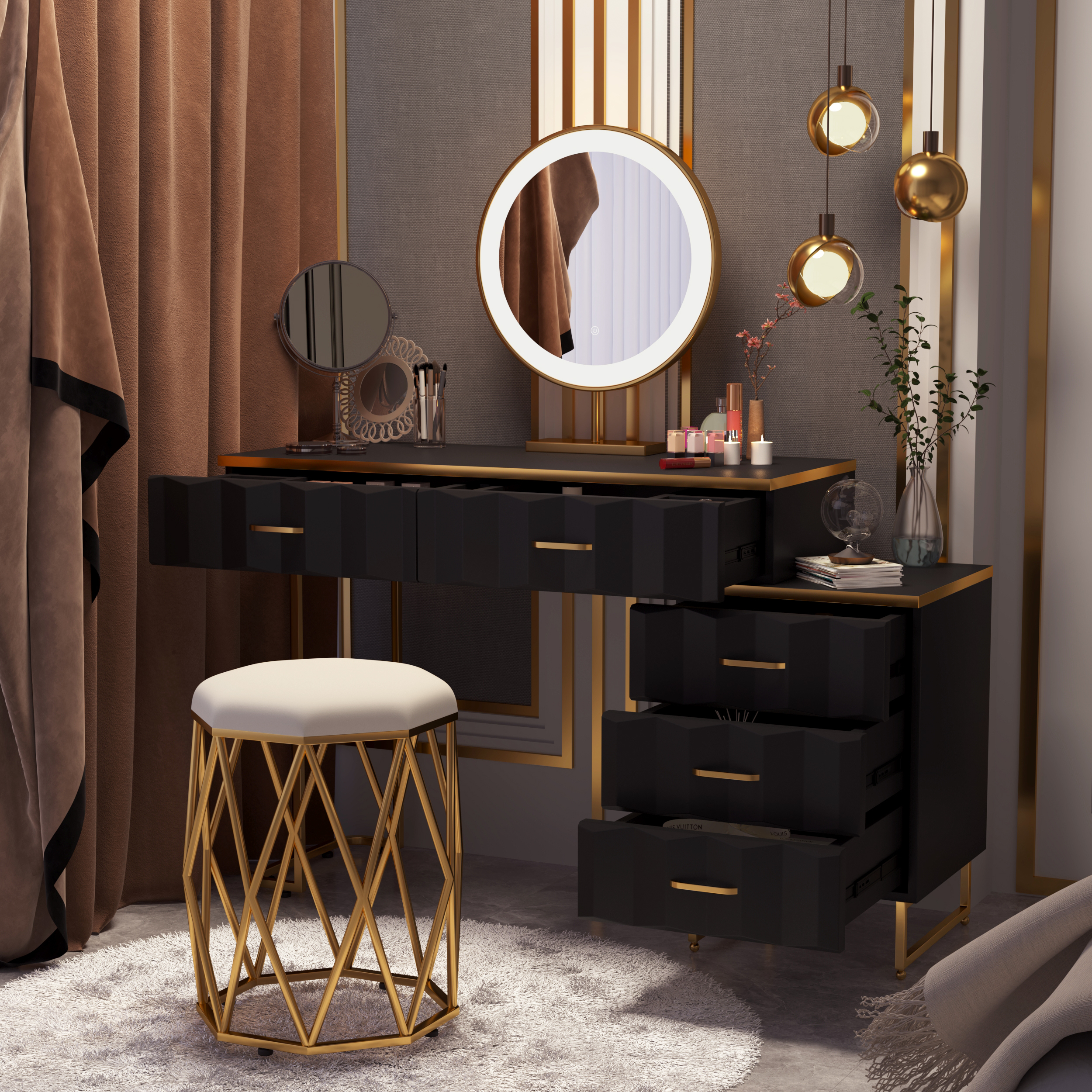 extendable Modern black dressing table with 5 drawers and dressing table with stool and mirror